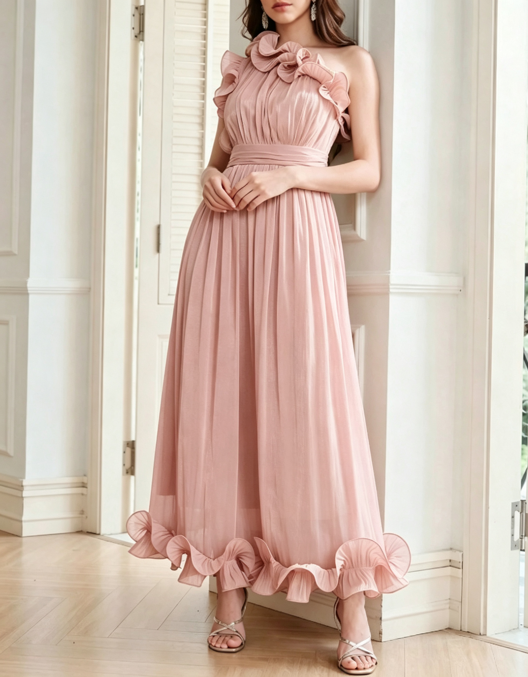 Vestido de noite midi em chiffon com folhos, decote de um ombro e corte em linha A