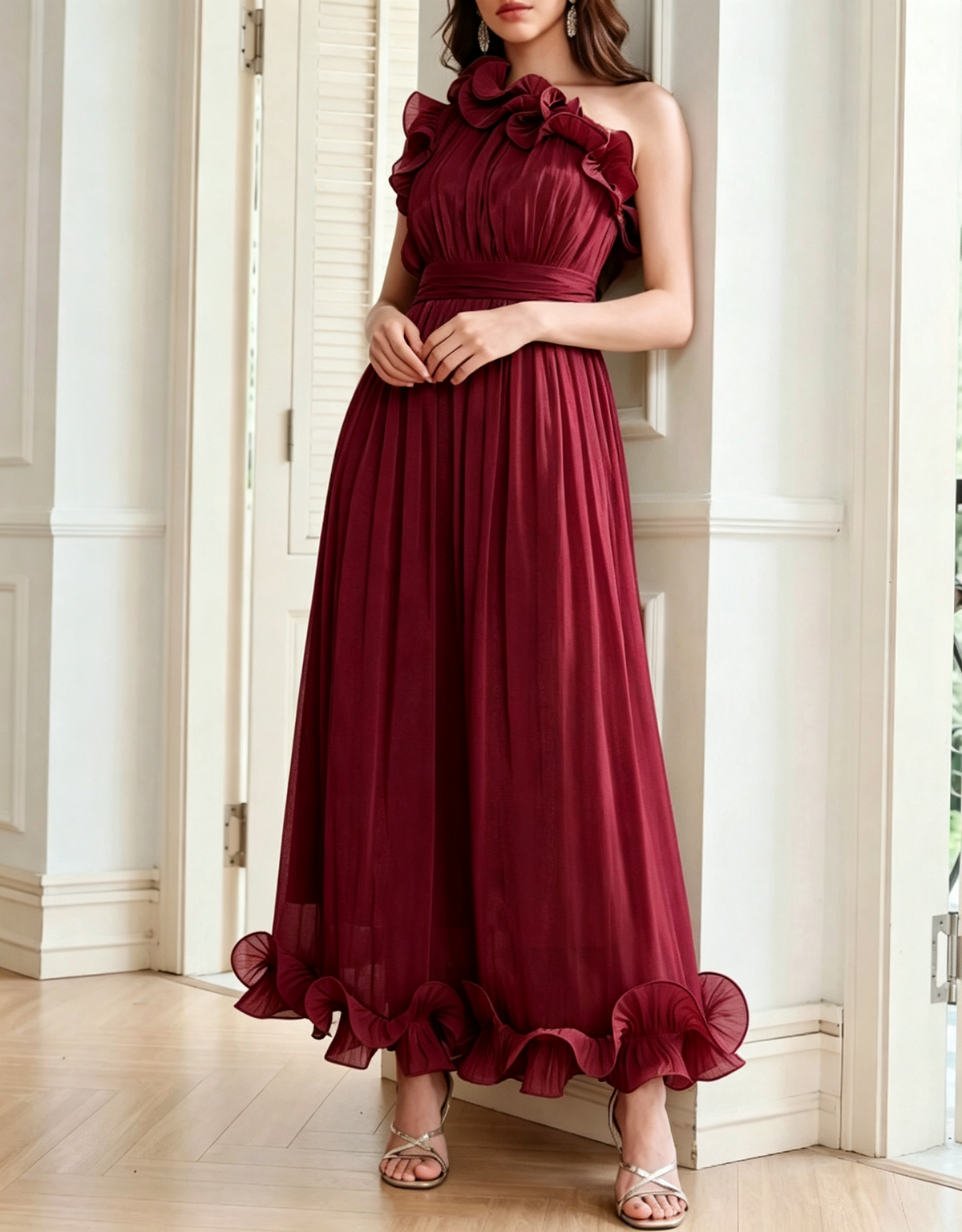 Vestido de noite midi em chiffon com folhos, decote de um ombro e corte em linha A