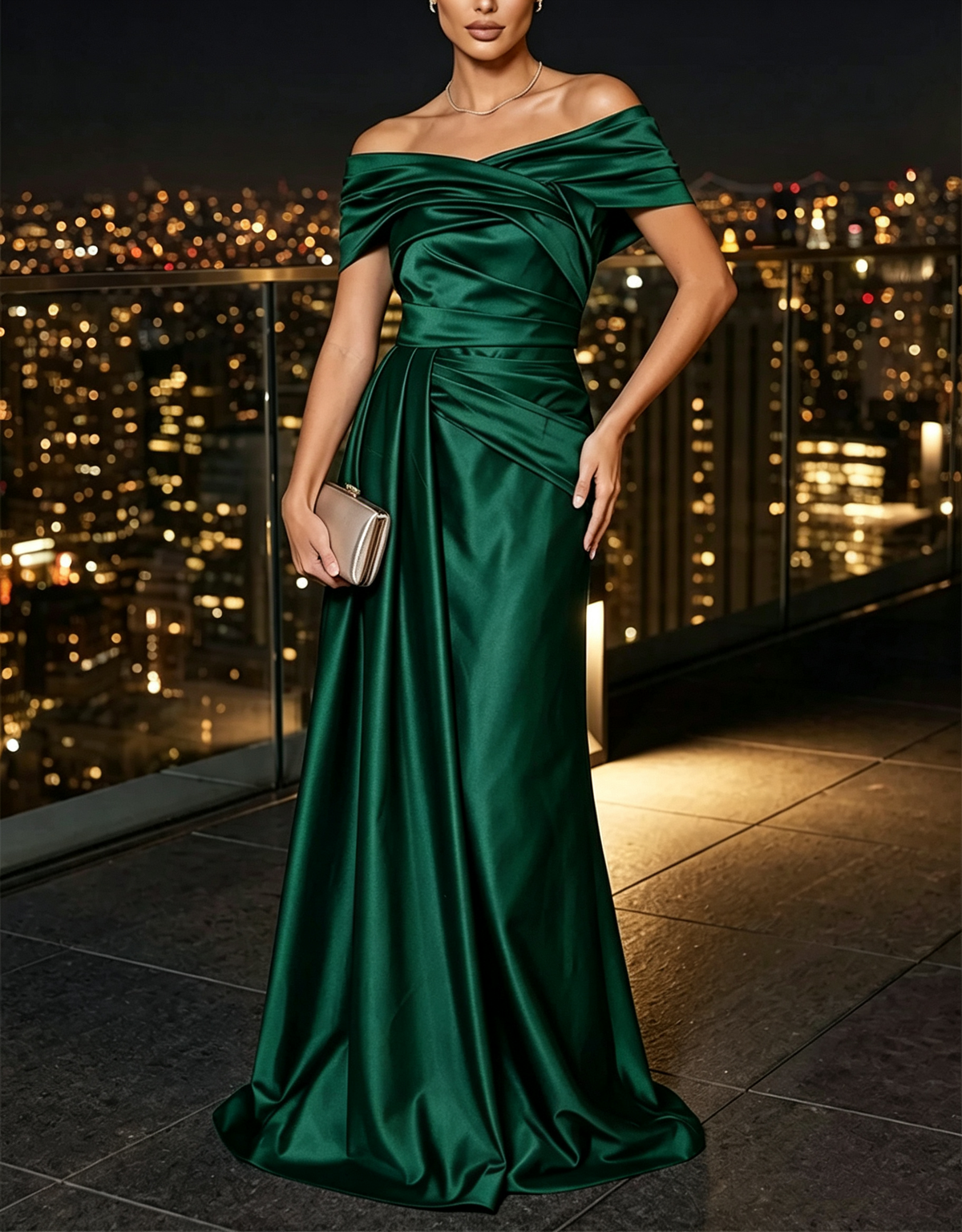 Vestido maxi de cetim com franzidos, corte em A, drapeado cruzado e decote de ombros descobertos, em roxo ameixa
