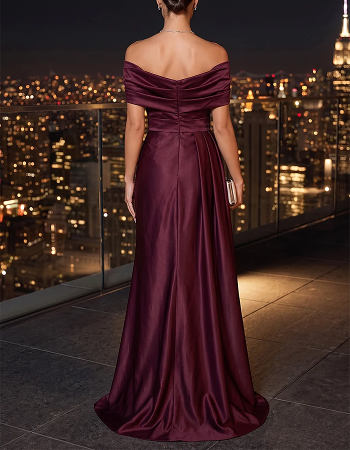 Plum Purple Off‑the‑Shoulder Cross‑Draped Ruched Satin A‑Line Maxi Dress
