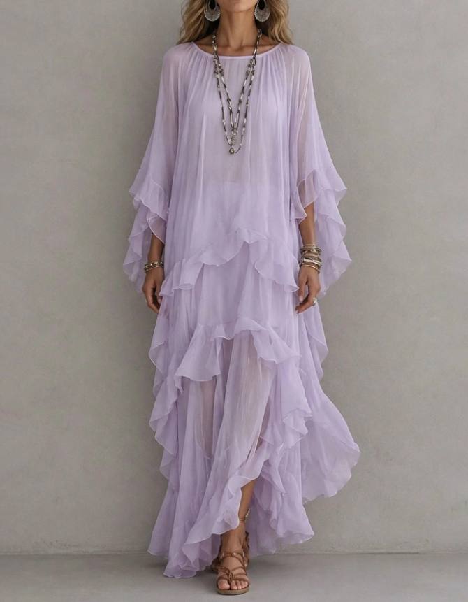 Vestido de noite maxi de chiffon com decote redondo, folhos em vários níveis e corte em A