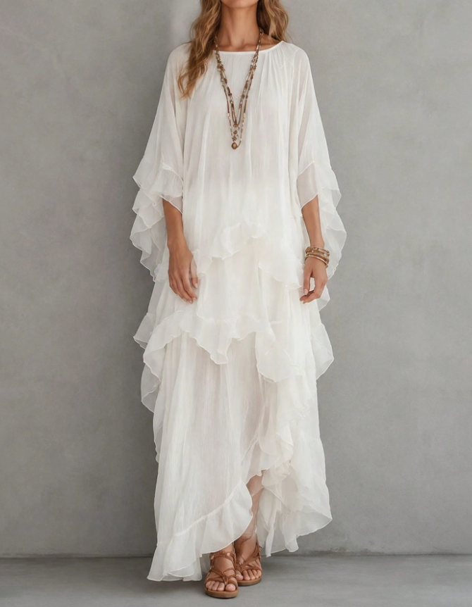 Vestido de noite maxi de chiffon com decote redondo, folhos em vários níveis e corte em A