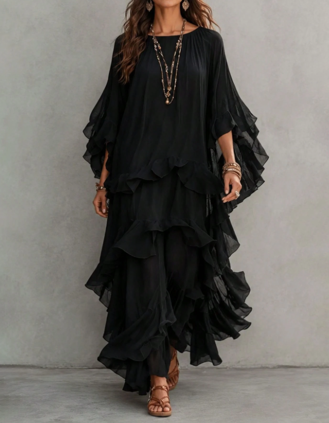 Vestido de noite maxi de chiffon com decote redondo, folhos em vários níveis e corte em A