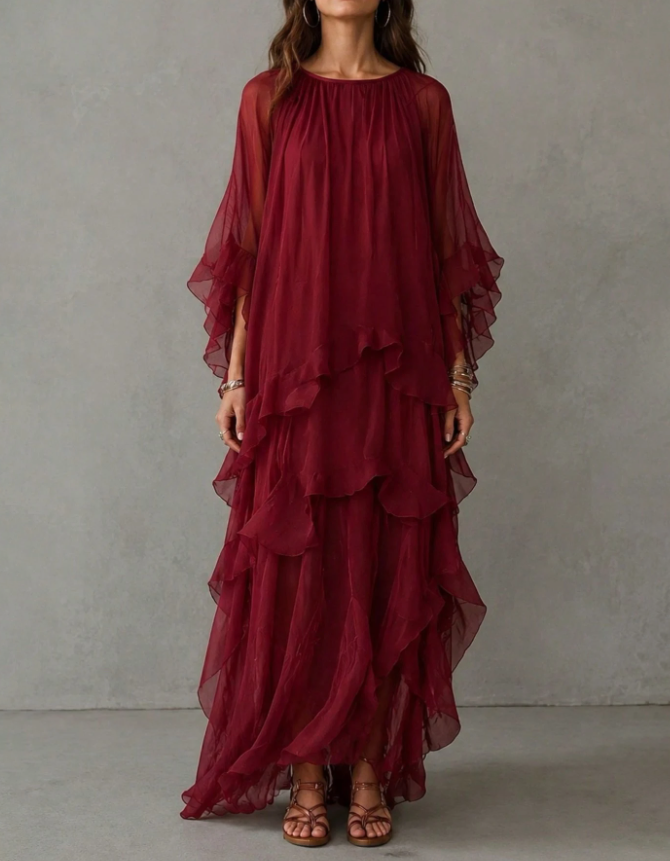 Vestido de noite maxi de chiffon com decote redondo, folhos em vários níveis e corte em A