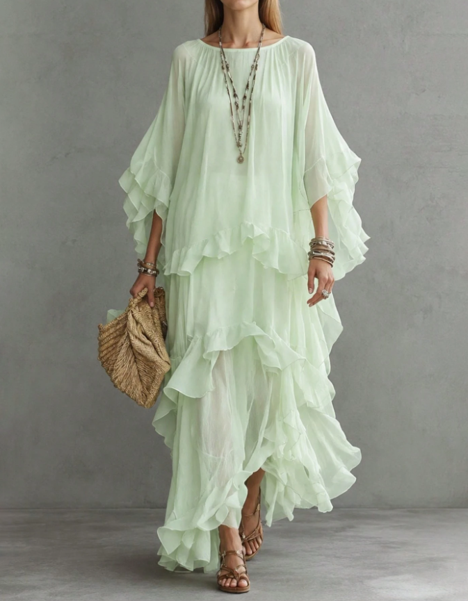 Vestido de noite maxi de chiffon com decote redondo, folhos em vários níveis e corte em A