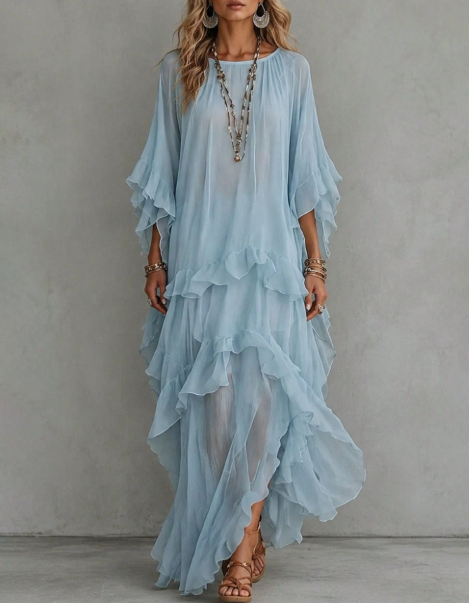 Vestido de noite maxi de chiffon com decote redondo, folhos em vários níveis e corte em A