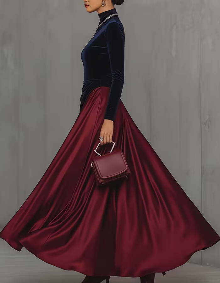 Vestido de gala maxi elegante em veludo e cetim, de gola alta e mangas compridas