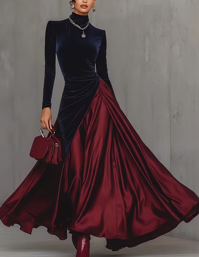 Vestido de gala maxi elegante em veludo e cetim, de gola alta e mangas compridas