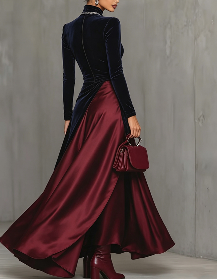 Elegant High‑Neck Long Sleeve Gown Velvet Satin Maxi Dress