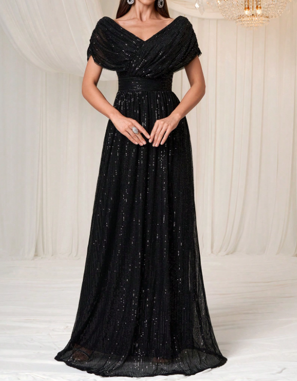 Vestido comprido em tule com lantejoulas, decote em V, cintura ajustada e corte em linha A