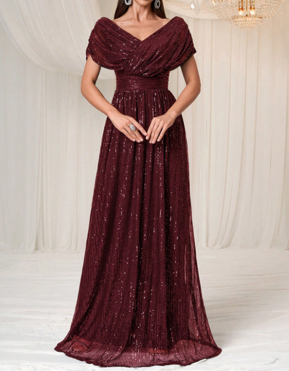 Vestido comprido em tule com lantejoulas, decote em V, cintura ajustada e corte em linha A