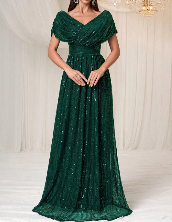 Vestido comprido em tule com lantejoulas, decote em V, cintura ajustada e corte em linha A
