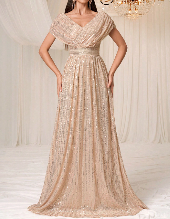 Vestido comprido em tule com lantejoulas, decote em V, cintura ajustada e corte em linha A
