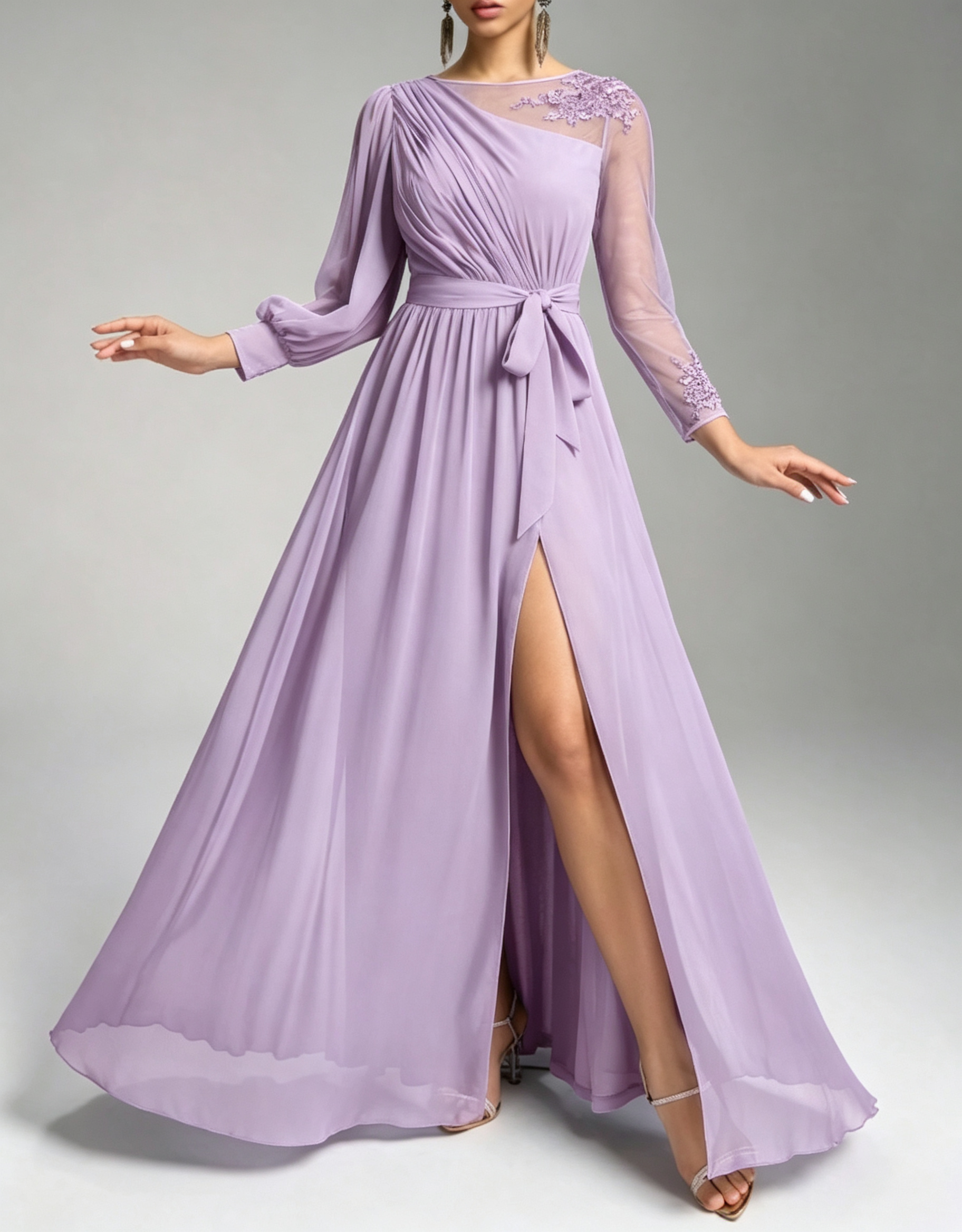 Vestido maxi de chiffon, renda e malha de lantejoulas, de manga comprida, corte em A e gola redonda