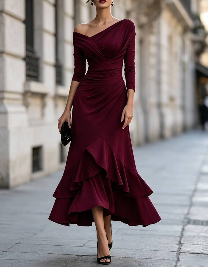 Robe midi portefeuille froncée à épaules dénudées et manches 3/4