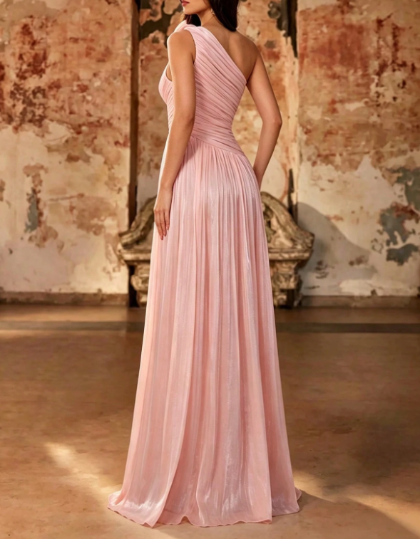 Vestido maxi evasé de chiffon plissado com flor 3D, de um ombro só