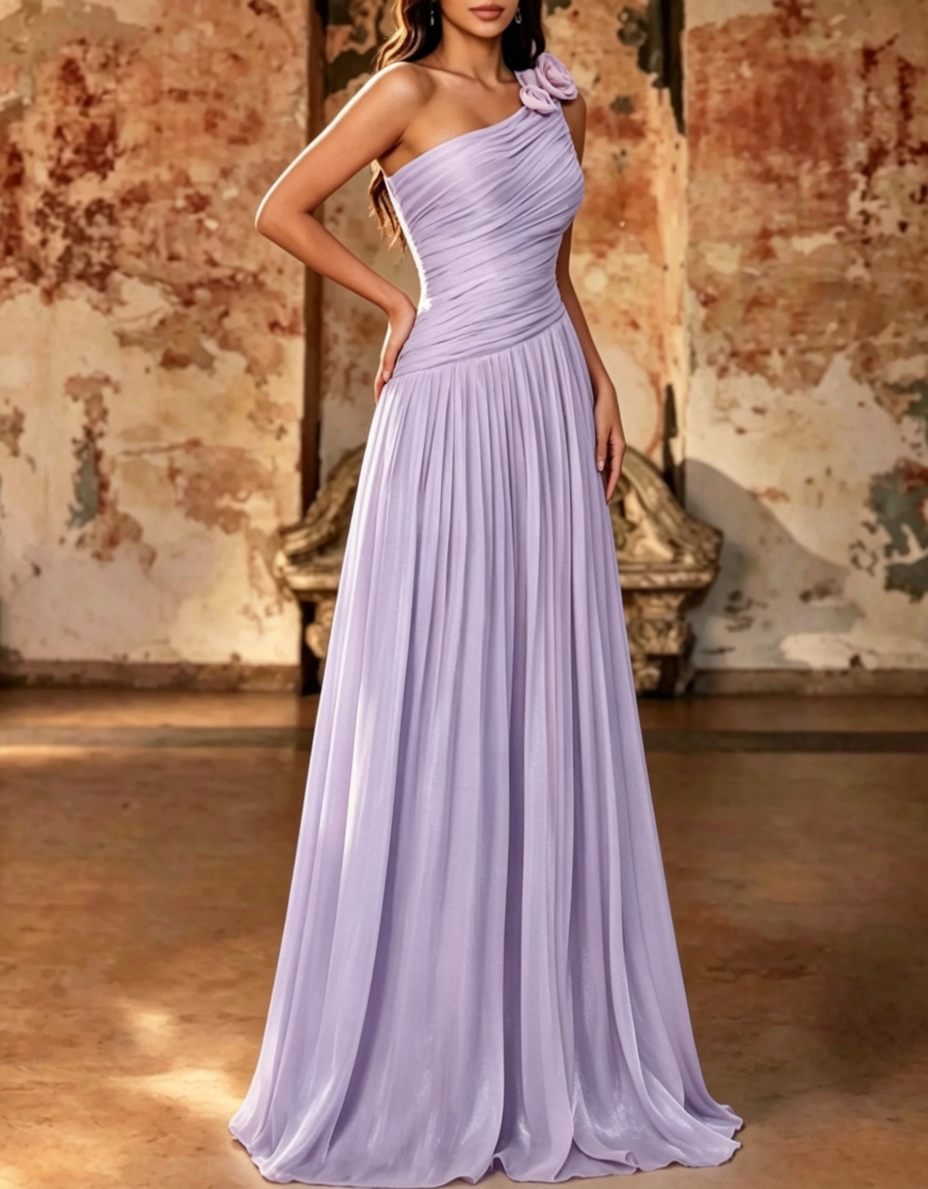 Vestido maxi evasé de chiffon plissado com flor 3D, de um ombro só