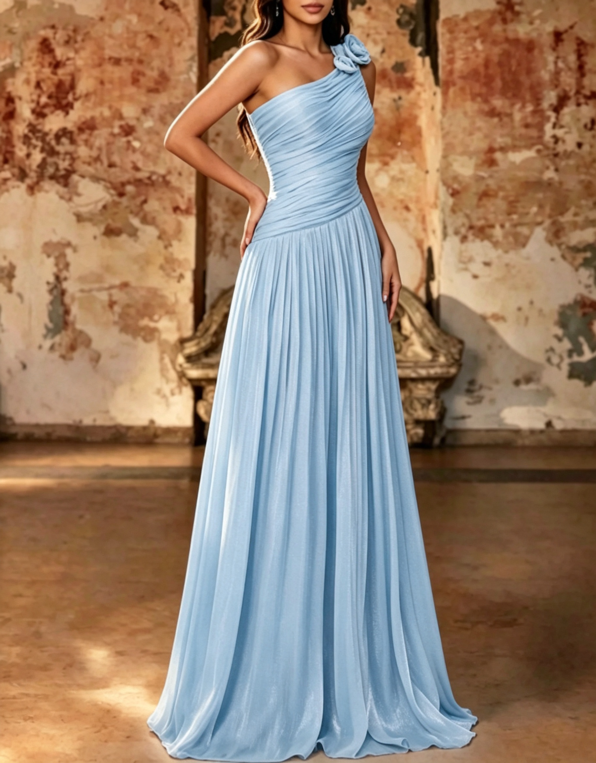 Vestido maxi evasé de chiffon plissado com flor 3D, de um ombro só