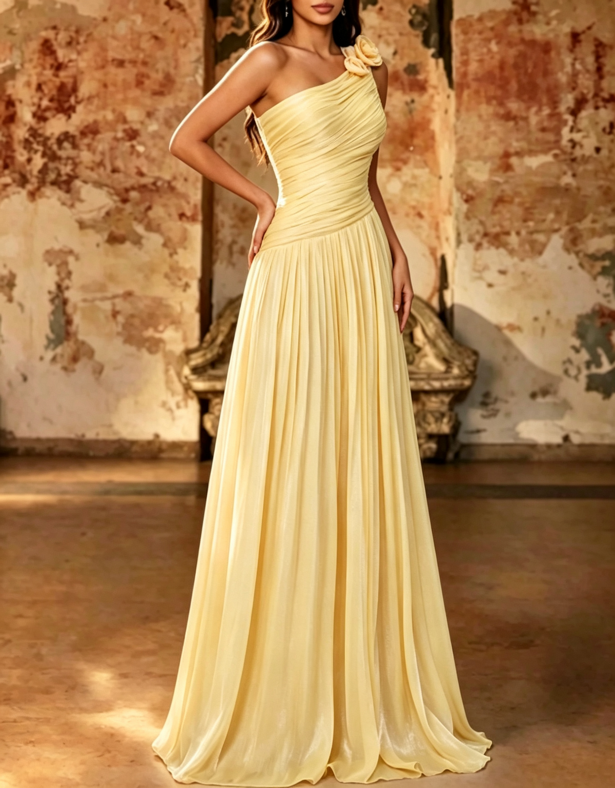 Vestido maxi evasé de chiffon plissado com flor 3D, de um ombro só