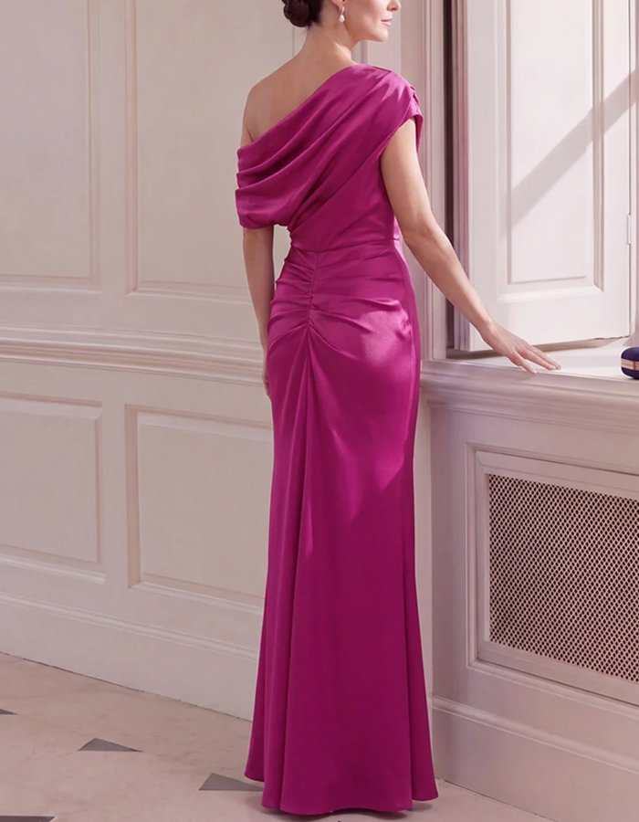 Vestido maxi de cetim, estilo sereia, drapeado e sem ombros