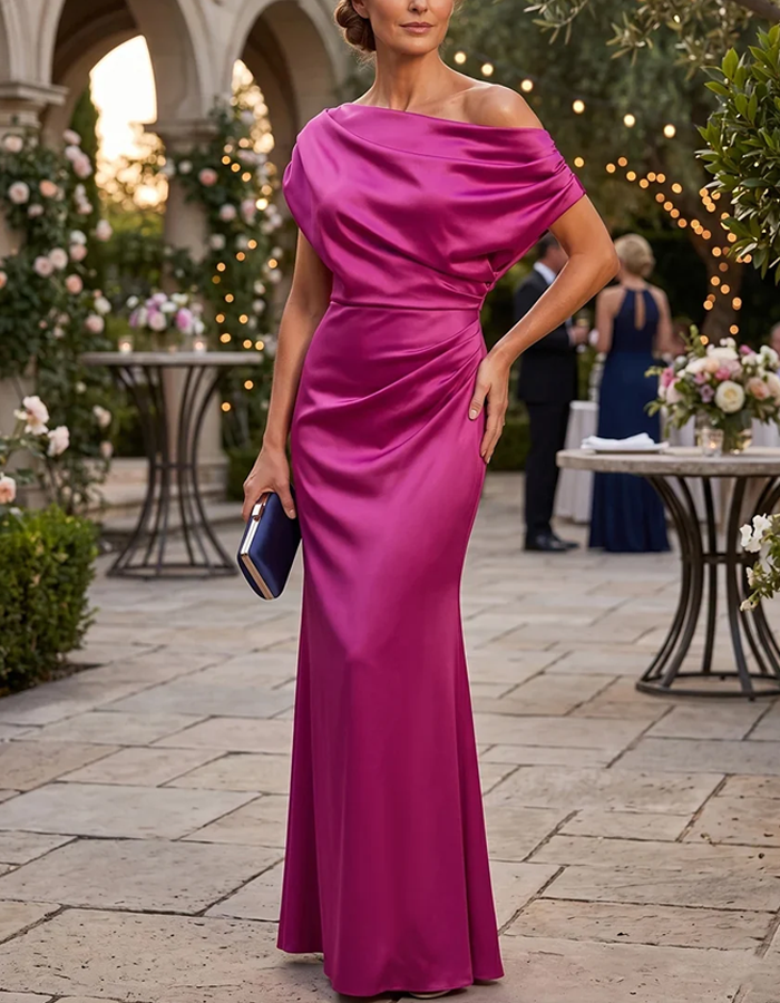 Vestido maxi de cetim, estilo sereia, drapeado e sem ombros