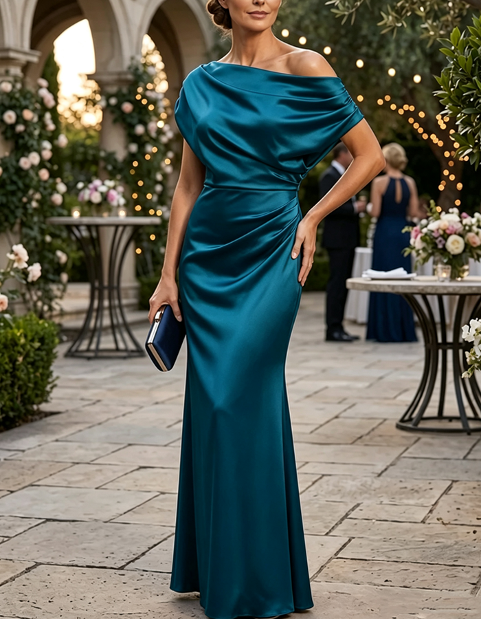Vestido maxi de cetim, estilo sereia, drapeado e sem ombros