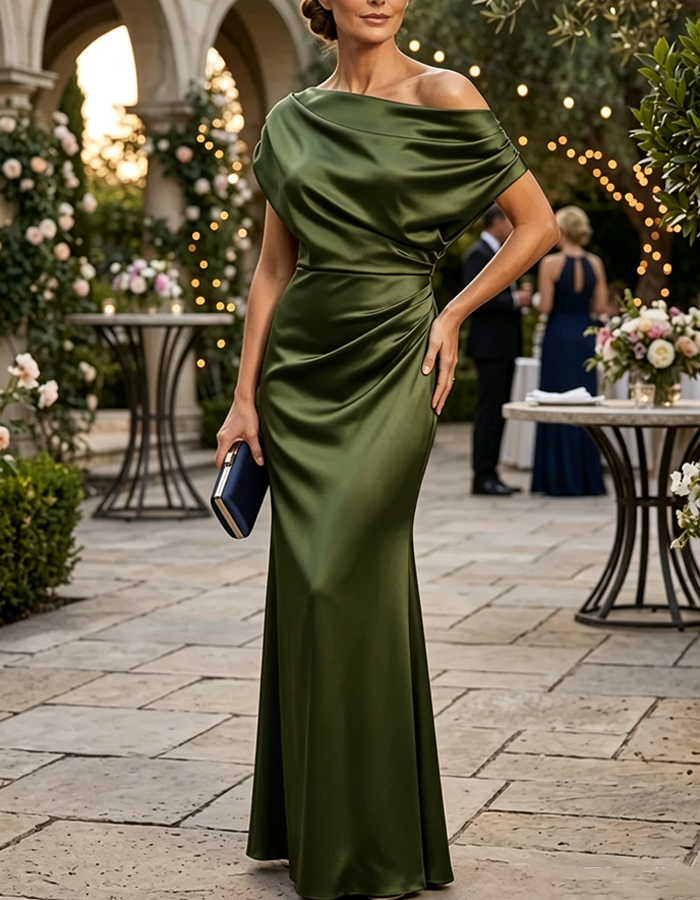 Vestido maxi de cetim, estilo sereia, drapeado e sem ombros