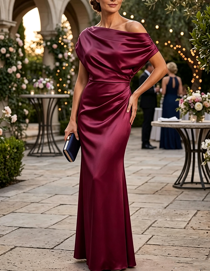 Vestido maxi de cetim, estilo sereia, drapeado e sem ombros