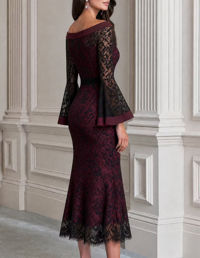 midi dress with fishtail Burgundy And Black Floral Lace – Elirelle BFBMD5060 AX Paris Navy Lace Casual Cute Pink Short Size:50 ( $20 will be added )