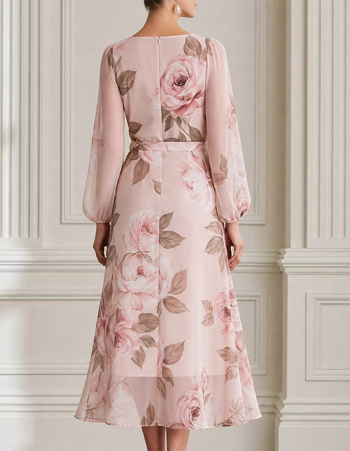 Pink Watercolor Rose Print Chiffon Midi Dress