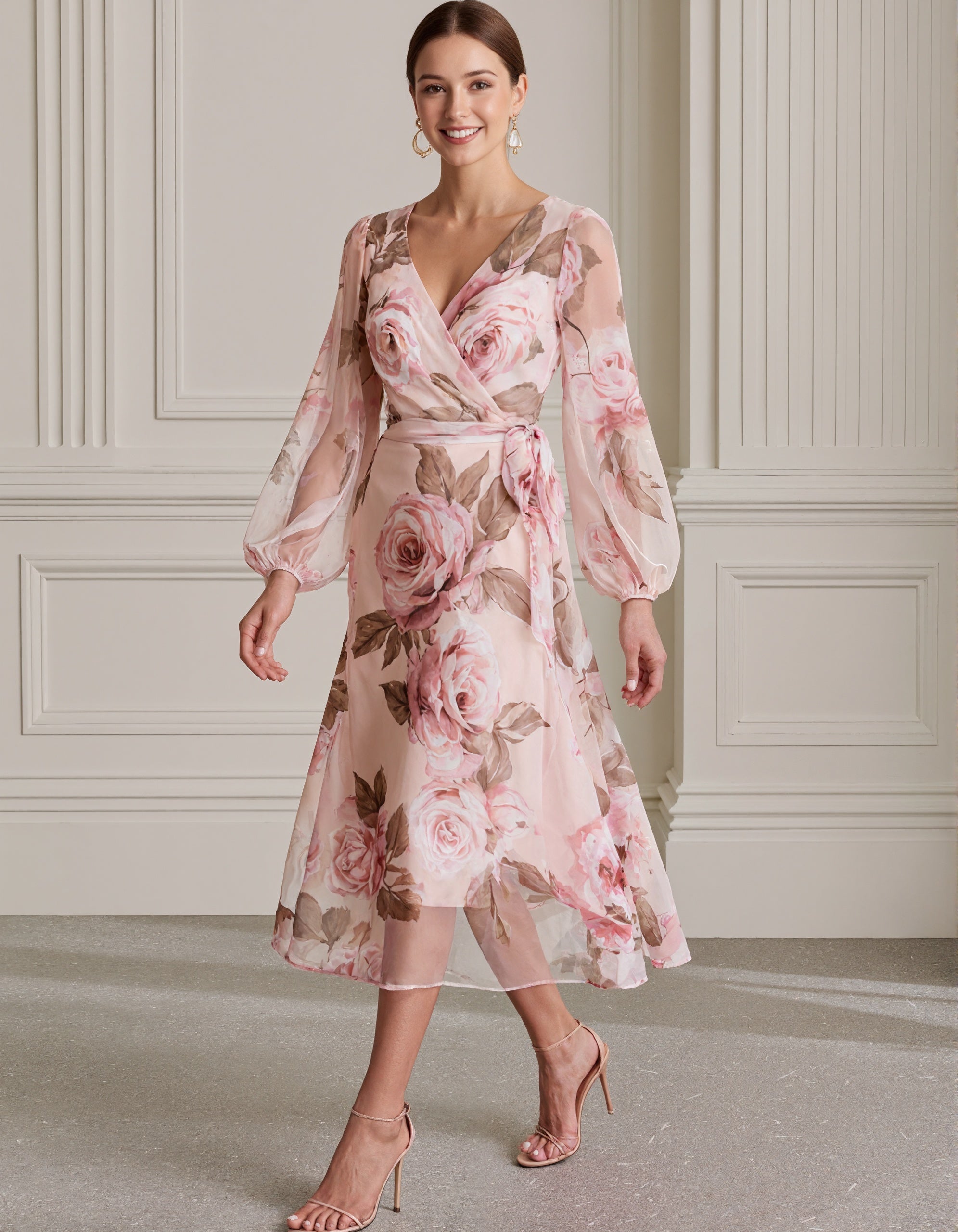 Pink Watercolor Rose Print Chiffon Midi Dress