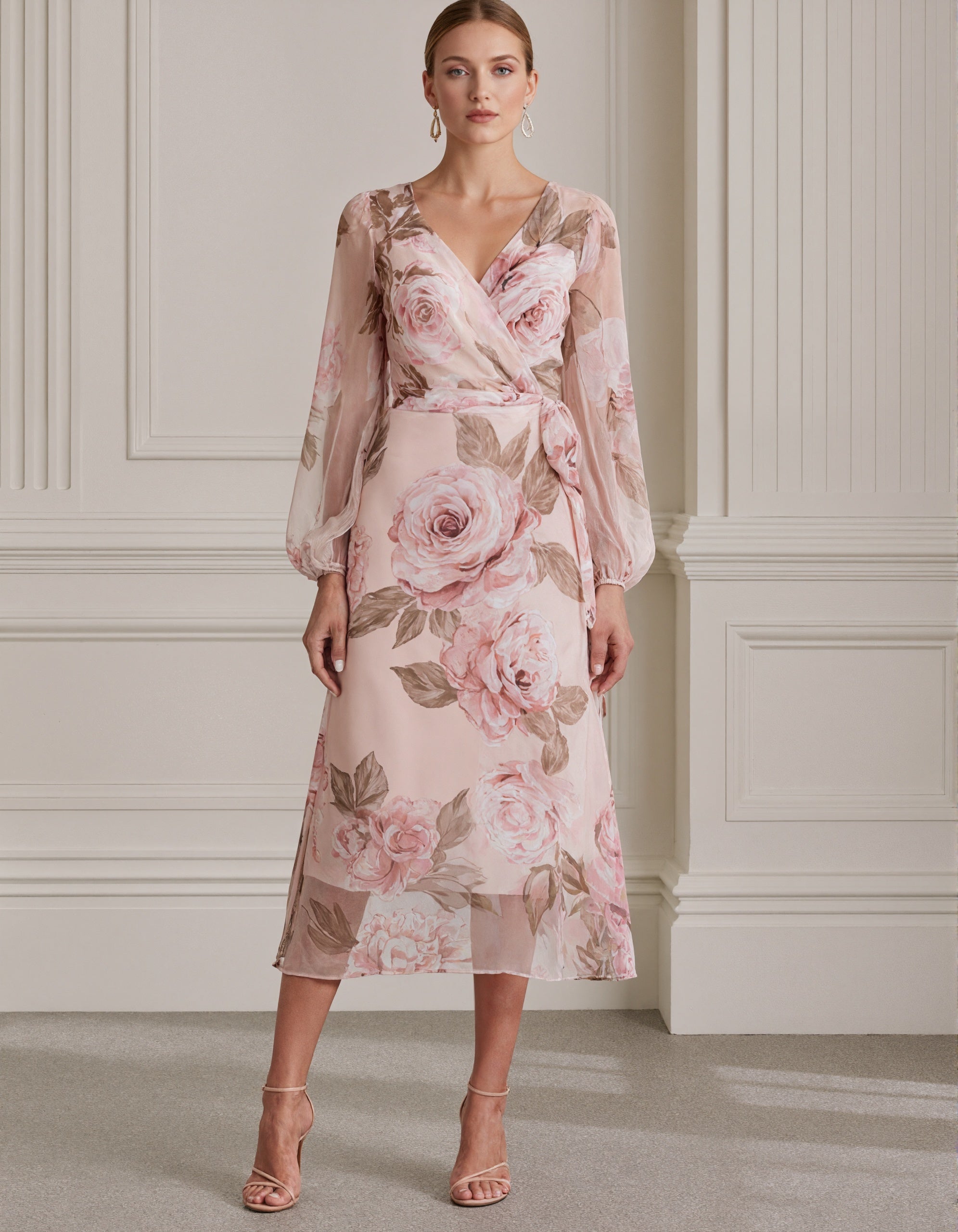 Pink Watercolor Rose Print Chiffon Midi Dress