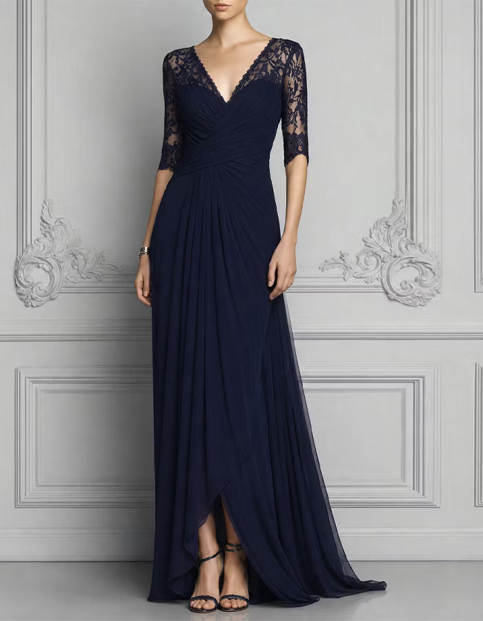Vestido maxi azul-escuro de chiffon com renda, decote em V e mangas de três quartos