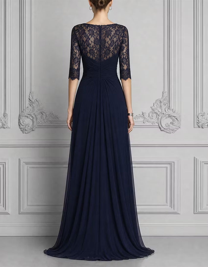 Donkerblauwe maxi-jurk van kant en chiffon met V-hals en driekwartmouwen