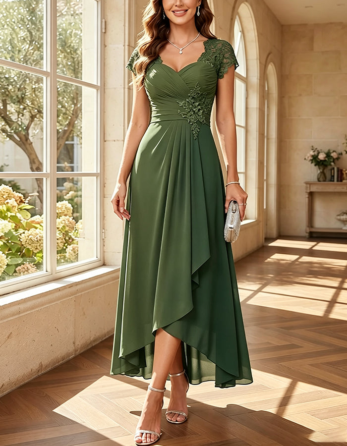 Chiffon Sweetheart Lace Cap Sleeve Hi‑Low Midi Dress