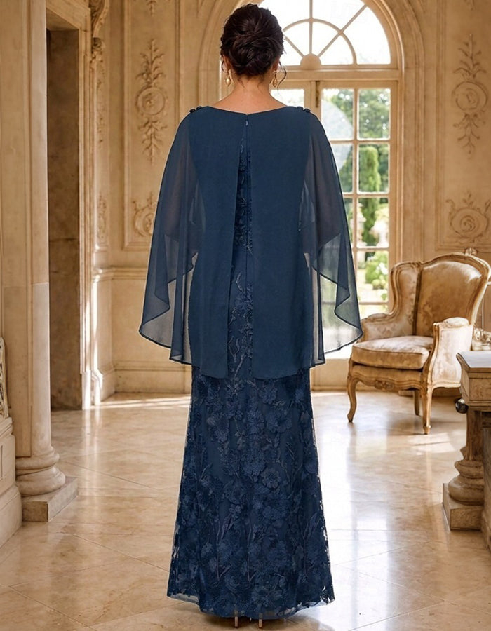 Abito maxi a sirena in pizzo floreale 3D con mantella in chiffon