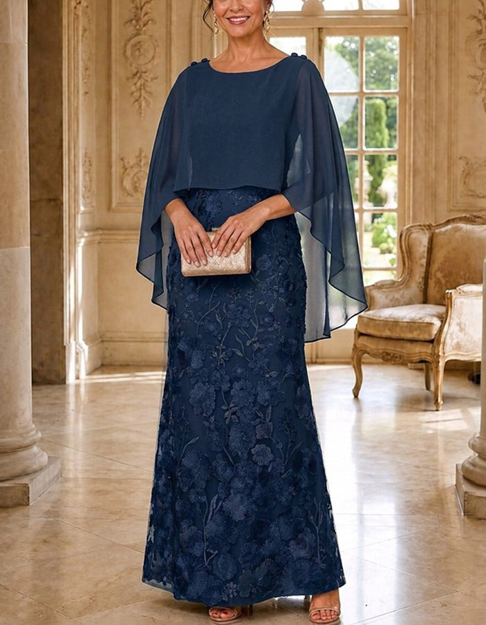 Abito maxi a sirena in pizzo floreale 3D con mantella in chiffon