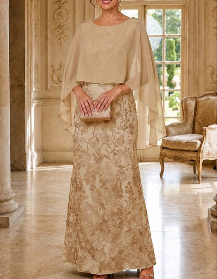 Abito maxi a sirena in pizzo floreale 3D con mantella in chiffon