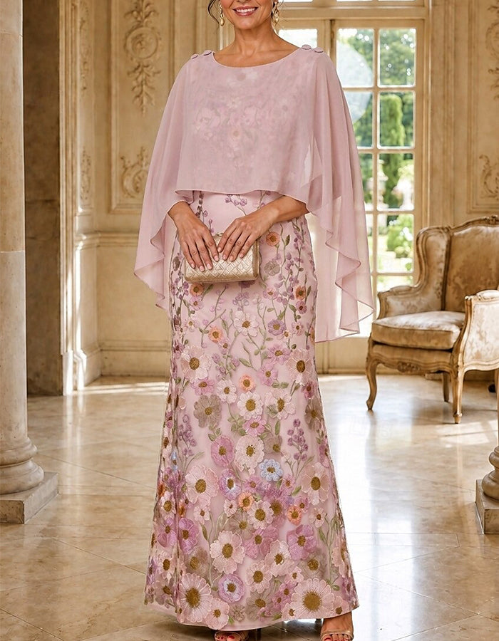 Abito maxi a sirena in pizzo floreale 3D con mantella in chiffon