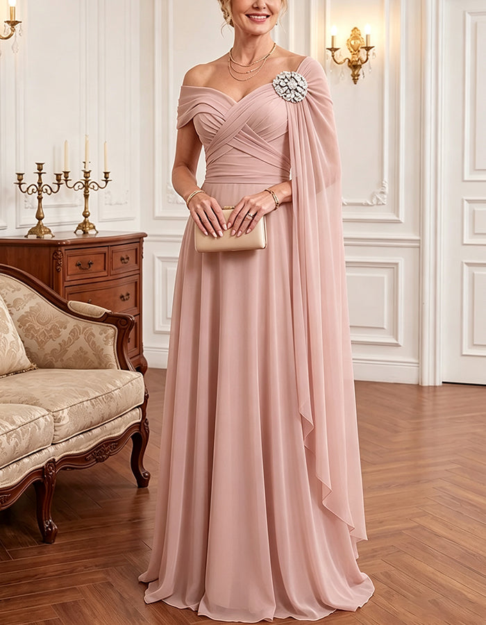 Fließendes Chiffon-Maxikleid mit schulterfreiem Ausschnitt und Cape-Ärmeln