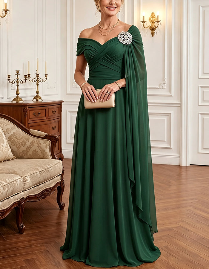 Fließendes Chiffon-Maxikleid mit schulterfreiem Ausschnitt und Cape-Ärmeln