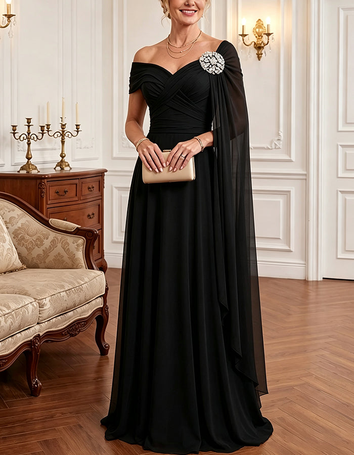 Fließendes Chiffon-Maxikleid mit schulterfreiem Ausschnitt und Cape-Ärmeln