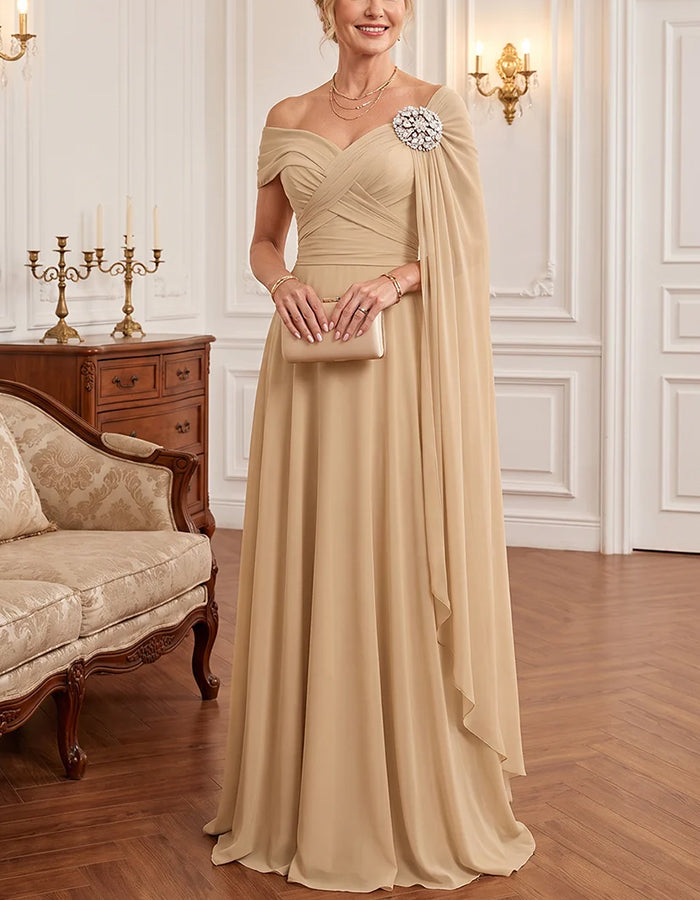 Fließendes Chiffon-Maxikleid mit schulterfreiem Ausschnitt und Cape-Ärmeln
