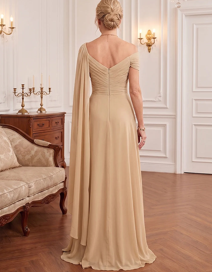 Fließendes Chiffon-Maxikleid mit schulterfreiem Ausschnitt und Cape-Ärmeln