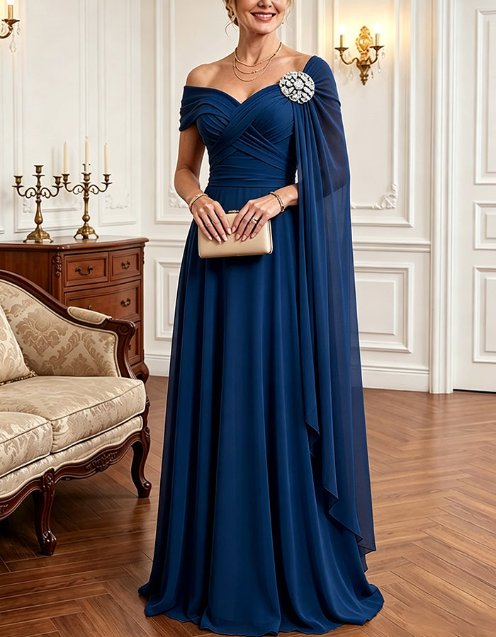 Fließendes Chiffon-Maxikleid mit schulterfreiem Ausschnitt und Cape-Ärmeln
