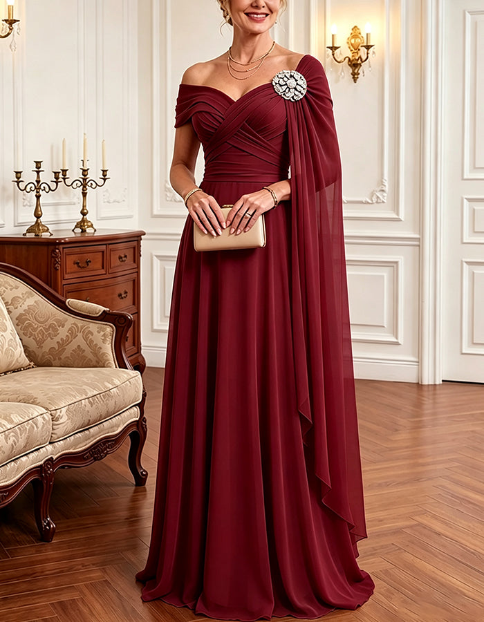 Fließendes Chiffon-Maxikleid mit schulterfreiem Ausschnitt und Cape-Ärmeln