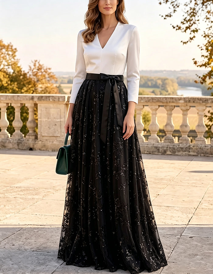 White & Black Contrast Satin V‑Neck Long Sleeve Tulle Maxi Dress