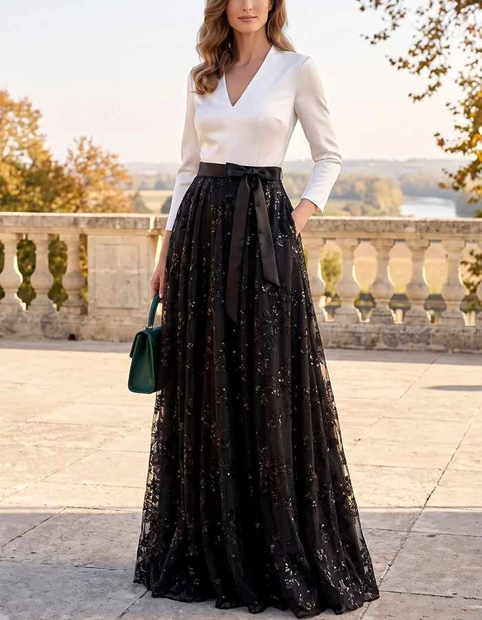 White & Black Contrast Satin V‑Neck Long Sleeve Tulle Maxi Dress