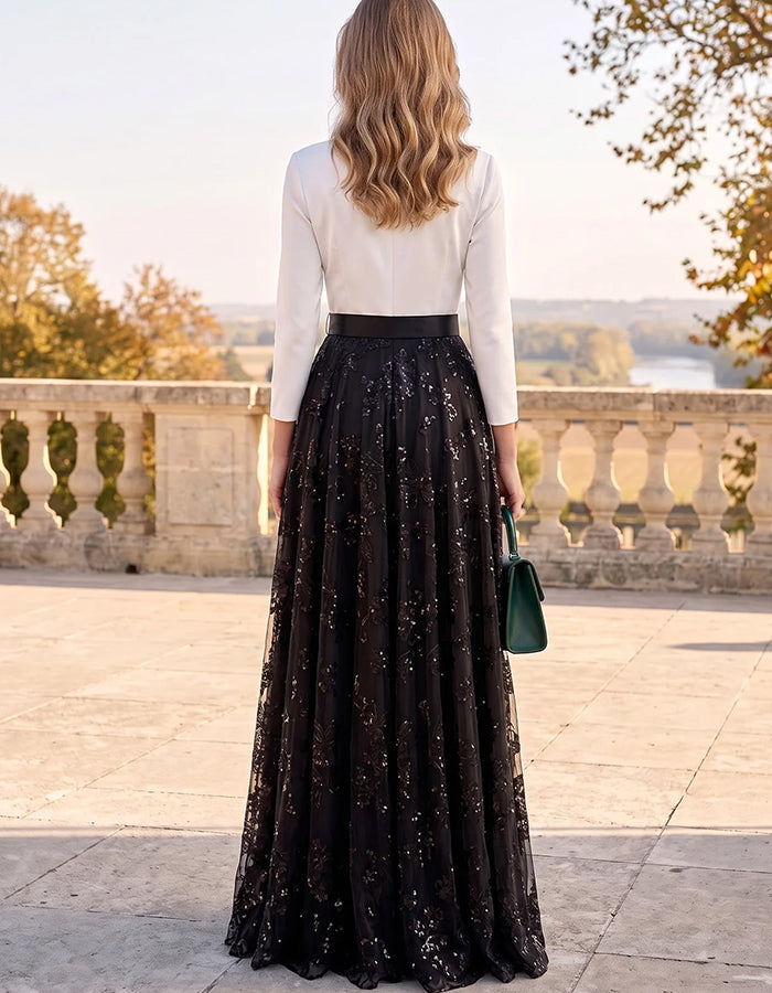 White & Black Contrast Satin V‑Neck Long Sleeve Tulle Maxi Dress