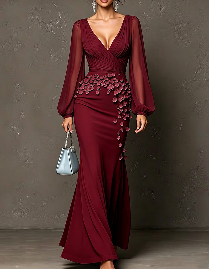 Abito lungo in chiffon con profondo scollo a V, maniche a sbuffo trasparenti e petali 3D